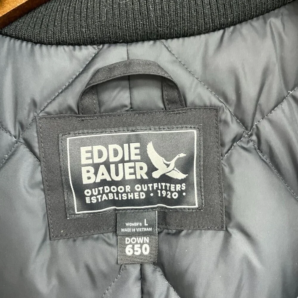 Eddie Bauer Women's L Down 650 Fill Long Parka Coat  Faux Fur Hood Black JCK195